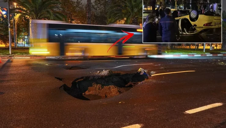 İstanbul’da sağanak nedeniyle yol çöktü, çukura giren taksi ters döndü