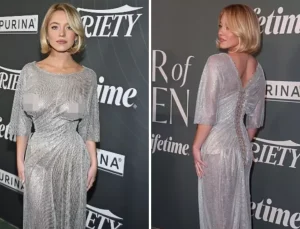 Ünlü oyuncu, altına sütyen giymediği elbisesi ile büyüledi