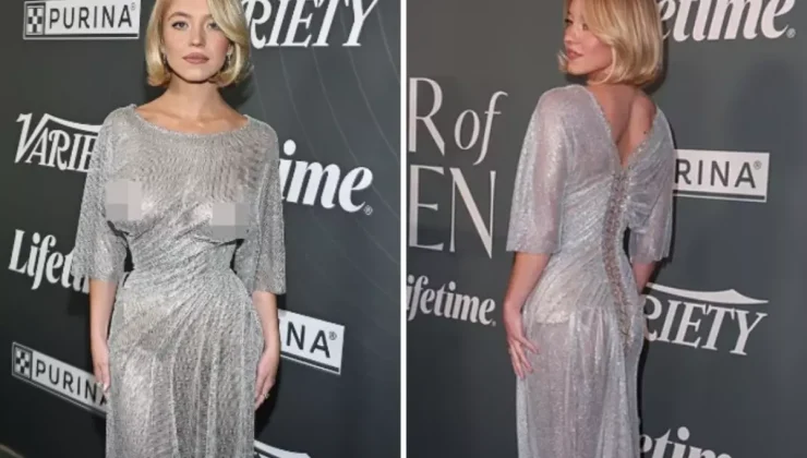 Ünlü oyuncu, altına sütyen giymediği elbisesi ile büyüledi