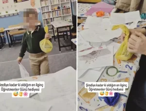 Maddi durumu olmayan öğrencisini ve hediyesini paylaşan öğretmene büyük tepki var