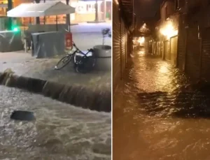 Sarı kodla uyarılan kentte denizle kara birleşti, tarihi çarşı göle döndü