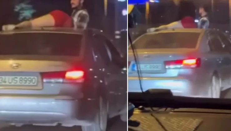 Seyir halindeki otomobilin tavanında twerk yapmaya çalıştı