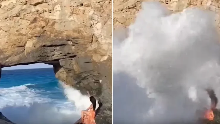 Fotoğraf uğruna canından oluyordu: Dev dalga turisti denize sürükledi