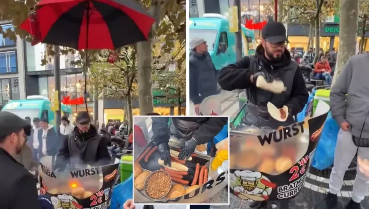 Frankfurt’ta mobil sosisli satıcısı viral oldu: Taşınabilir ızgarası ve dev şemsiyesiyle dikkat çekti