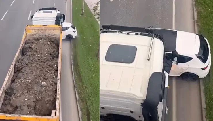 Hafriyat kamyonu, önüne kattığı otomobili 100 metre sürükledi