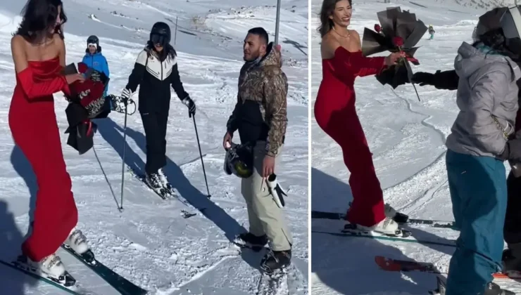 Kırmızı elbisesiyle Erciyes’te kayak yapıp, gül dağıttı