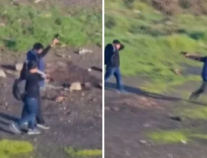 Ortaokulun yanında şok görüntü! Küçücük çocuklar birbirine silah çekti