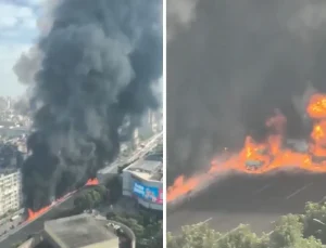 Yanıcı madde taşıyan kamyon yandı, alevler metrelerce yüksekliğe ulaştı