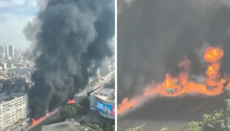 Yanıcı madde taşıyan kamyon yandı, alevler metrelerce yüksekliğe ulaştı