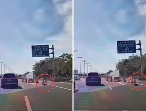 Yüreklerin ağızlara geldiği an! Küçük çocuk emekleyerek otobana çıktı