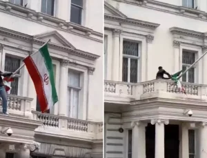 Londra’daki İran Büyükelçiliği’ne tırmanan protestocu devrim öncesi İran bayrağını astı
