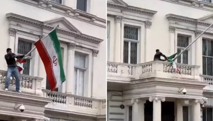 Londra’daki İran Büyükelçiliği’ne tırmanan protestocu devrim öncesi İran bayrağını astı