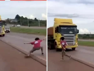 Ölümle kumar: 19 yaşındaki genç, hayatını hiçe sayarak TIR’la "chicken" oynadı